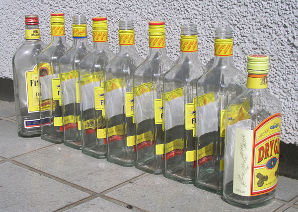nine empty bottles of gin in a row